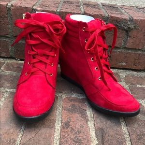 Red Wedge Heel Ankle Booties